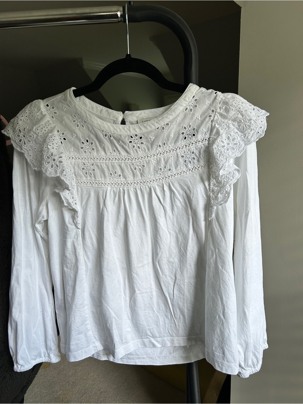 J. Crew White Eyelet Ruffle Yoke Long-Sleeve Top